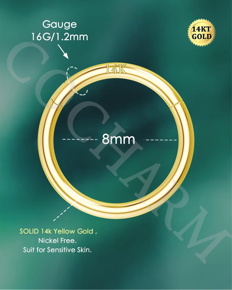 COCHARM 16G 14K Solid Gold 16g Middle Helix Daith Earring Hoop 8mm Hinged Nose Hoop Nose Rings Yellow Gold - Image 4